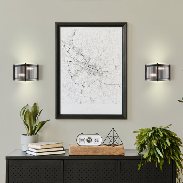 Franklite Sloane 2 Light Wall Light In Matt Black With Ribbed And Frosted Glass FL2504-2