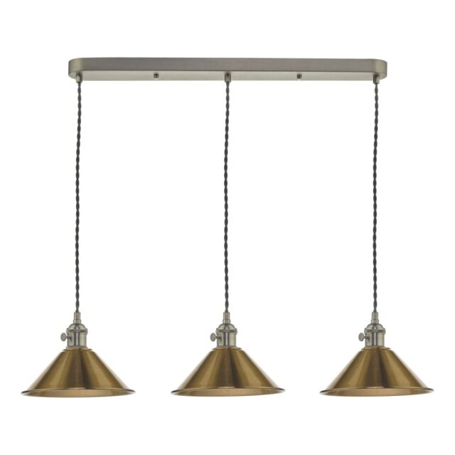 Dar Lighting Hadano 3 Light Bar Ceiling Pendant Light In Antique Chrome With Brass Shades