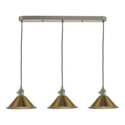 Dar Lighting Hadano 3 Light Bar Ceiling Pendant Light In Antique Chrome With Brass Shades