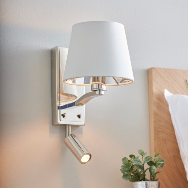 Endon 73027 Harvey 2 Light Wall And Spot Light In Bright Nickel With White Faux Silk Shade