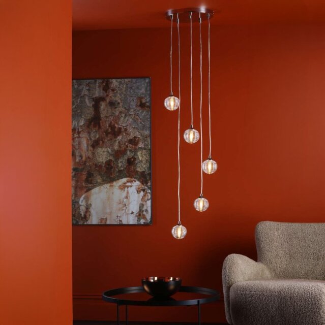 Dar Lighting Federico 5 Light Cluster Ceiling Pendant Light In Polished Chrome Finish With Clear Ribbed Glass