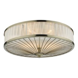 Dar Lighting Oslo 3 Light Flush Ceiling Light In Antique Brass Finish With Ivory Organza Border