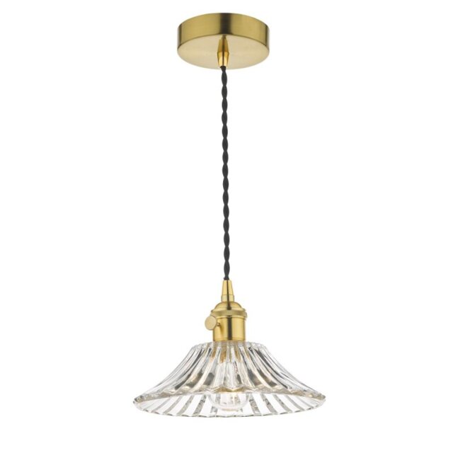 Dar Lighting Hadano Single Ceiling Pendant Light In Natural Brass With Flared Glass Shade