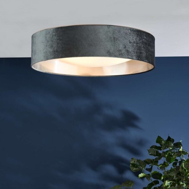 Dar Lighting Nysa 3 Light Flush Ceiling Light With Dark Grey Velvet Shade And Frosted Diffuser 60 cm