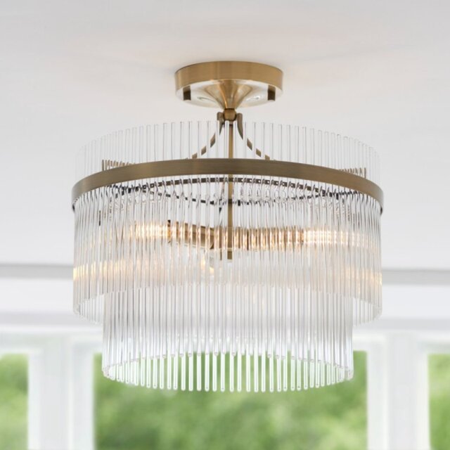 Endon 112575 Marietta 3 Light Semi Flush Ceiling Light In Antique Brass With Clear Glass