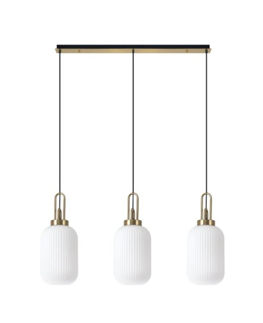 Glenn 3 Light Tubular Linear Pendant in Brass Gold With Opal Ribbed Glass