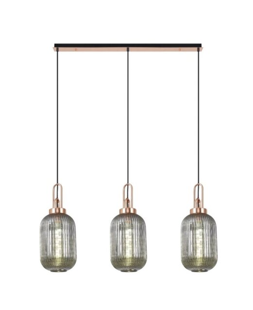 Glenn 3 Light Tubular Linear Pendant in Copper With Smoked Ribbed Glass