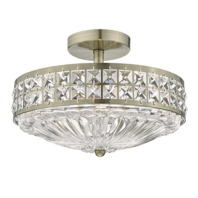 Dar OLO5375 Olona Antique Brass and Crystal Flush Ceiling Light