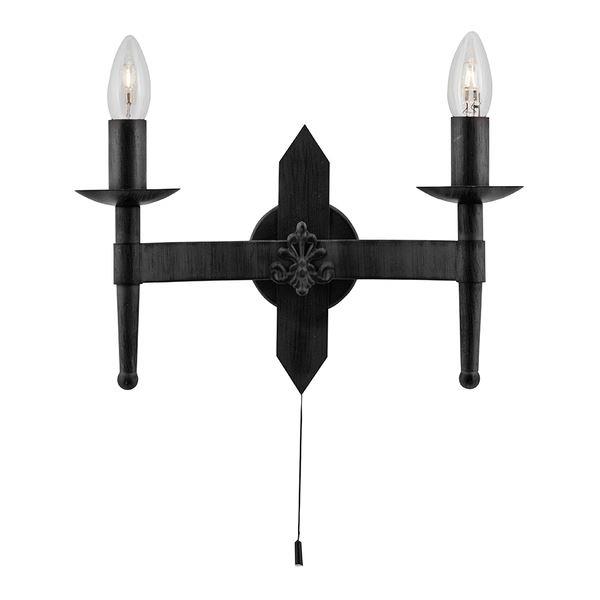 Searchlight 2422-2BK 2 Light Wrought Iron Saxon wall Light with Pull switch