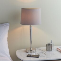 Endon 72175 Syon One Light USB Table Lamp In Bright Nickel With Faux Silk Shade