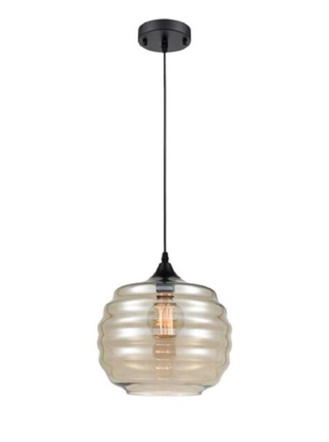PH203 Ceiling Pendant In Black With Pale Amber Rippled Glass