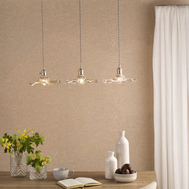 Dar Wisebuys Hadano 3 Light Ceiling Bar Pendant In Antique Chrome and Wavy Glass