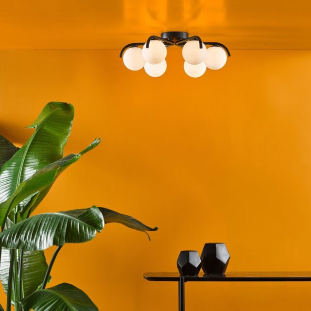 Dar Lighting Orlena 6 Light Semi Flush Ceiling Light In Matt Black Finish With Opal Glass Shades