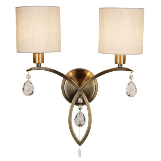 Searchlight 1602-2AB Alberto Two Light Wall Light In Antique Brass And Crystal With Shade