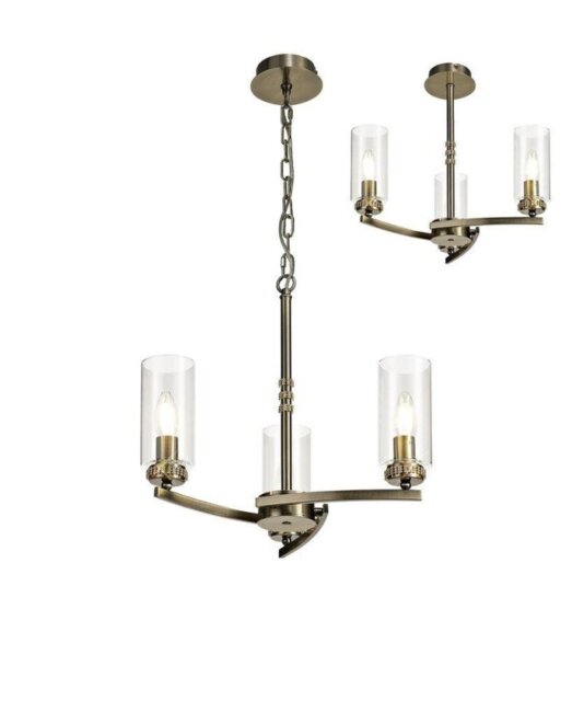 Benz 3 Light Semi Flush Ceiling Light In Antique Brass With Clear Glass