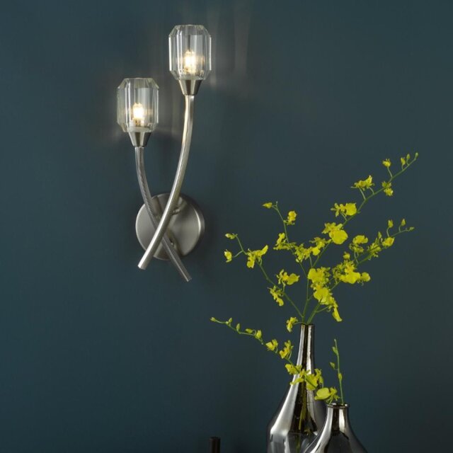 Dar Lighting Zonda 2 Light Wall Light In Brushed Nickel With Crystal Glass