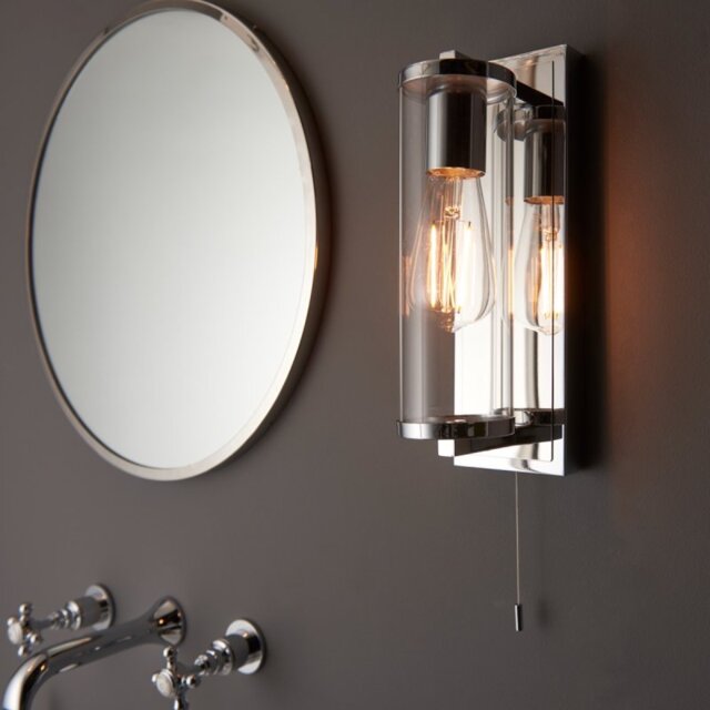 Cylinder Bathroom Wall Light In Chrome With Clear Glass Shade IP44