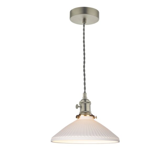 Dar Lighting Hadano Ceiling Pendant Light In Antique Chrome With Ceramic Shallow Shade
