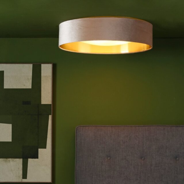 Dar Lighting Nysa 3 Light Flush Ceiling Light With Taupe Velvet Shade And Frosted Diffuser 60 cm