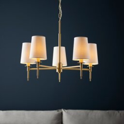 Classic 5 Light Ceiling Pendant Light In Satin Brass With Vintage White Fabric