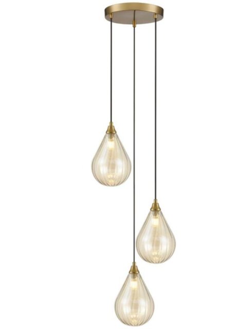 Fanklite Perry 3 Light Ceiling Cluster Pendant In Aged Brass With Amber Glass FL2468-3-356