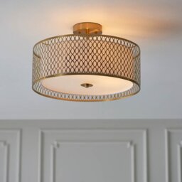Endon 101568 Cordero 3 Light Flush Ceiling Light In Gold Finish With Fabric Shade And Diffuser