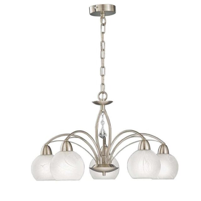 Franklite Thea FL2277/5 5 Light Ceiling Pendant In Satin Nickel Alabaster Effect Glasses And Crystal