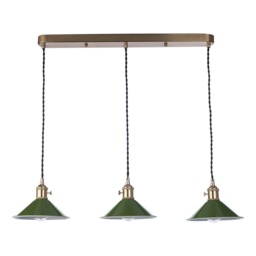 Dar Lighting Hadano 3 Light Bar Ceiling Pendant Light In Natural Brass With Olive Shades