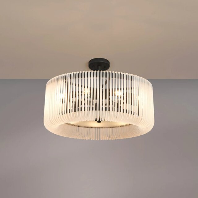Verne 60 cm Ceiling Pendant / Semi Flush Light In Black Finish With Frosted Glass