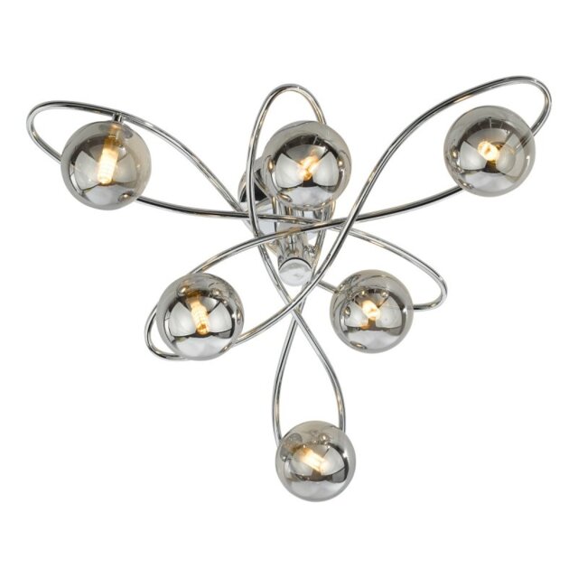Dar Lighting Lysandra 6 Light Semi Flush Ceiling Light In Polished Chrome With Smoked Glass