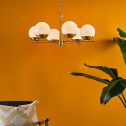 Dar Lighting Bombazine 6 Light Ceiling Pendant In Natural Brass Finish With Opal Glass