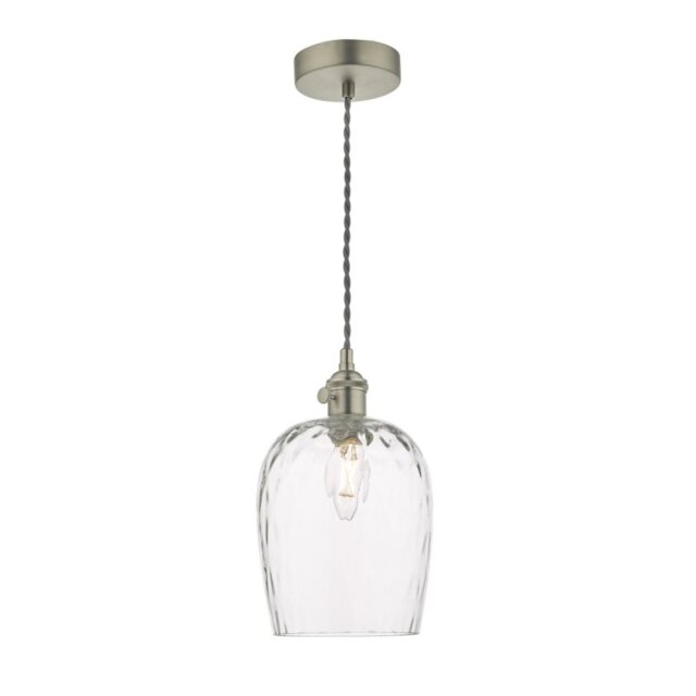 Dar Lighting Hadano Single Ceiling Pendant Light In Antique Chrome With Dimpled Glass Shade