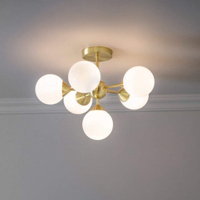 Endon 76501 Oscar 6 Light Semi Flush Ceiling Light In Brushed Brass With White Glass