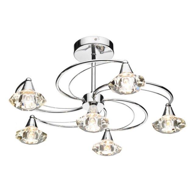 Dar LUT0650 Luther 6 Light Crystal Semi Flush Ceiling Light, Polished Chrome