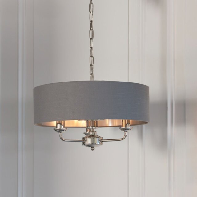 Endon Lighting 94377 Highclere 3 Light Ceiling Pendant In Nickel With Charcoal Linen Shade