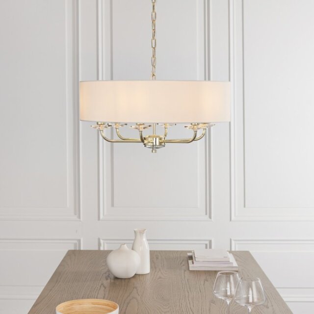 Endon 70561 Nixon 6 Light Ceiling Pendant In Brass With Crystal And Vintage white Faux Silk Shade