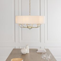 Endon 70561 Nixon 6 Light Ceiling Pendant In Brass With Crystal And Vintage white Faux Silk Shade