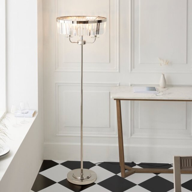 Classic 3 Light Floor Lamp In Bright Nickel With Clear Cut Glass