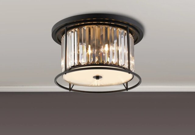 Crown 50 cm Flush Ceiling Light In Black Finish With Clear Crystal Glass