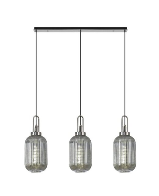 Glenn 3 Light Tubular Linear Pendant in Polished Nickel With Smoked Ribbed Glass