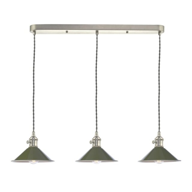 Dar Lighting Hadano 3 Light Bar Ceiling Pendant Light In Antique Chrome With Olive Shades