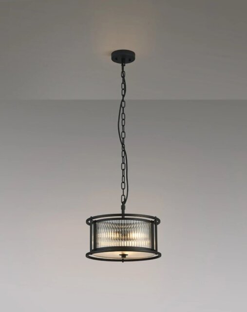Arcade 35 cm Round Convertible Ceiling Light In Black Finish With Clear Ribbed Glass Panels