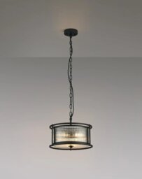 Arcade 35 cm Round Convertible Ceiling Light In Black Finish With Clear Ribbed Glass Panels