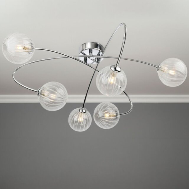 Firstlight 6926CH Atom 6 Light Flush Ceiling Light In Chrome With Clear Decorative Glass