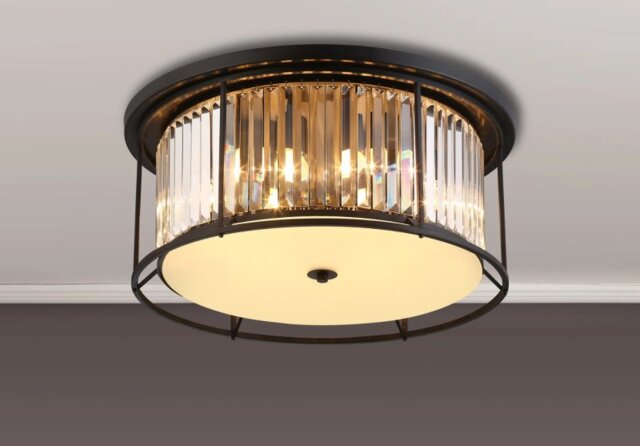 Crown 65 cm Flush Ceiling Light In Black Finish With Clear Crystal Glass