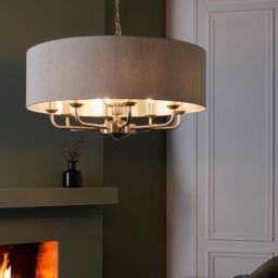 Highclere 8 Light Ceiling Pendant Light In Brushed Chrome Finish And Natural Linen Shade