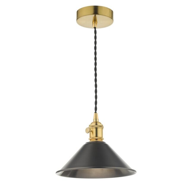 Dar Lighting Hadano Single Ceiling Pendant Light In Natural Brass With Pewter Shade