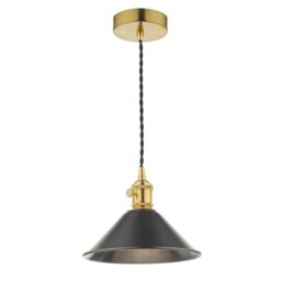 Dar Lighting Hadano Single Ceiling Pendant Light In Natural Brass With Pewter Shade