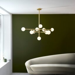 Teardrop 10 Light Ceiling Pendant Light In Satin Brass With Gloss White Glass