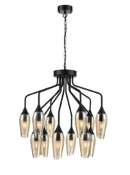 Franklite Taper 12 Light Ceiling Pendant Light In Matt Black With Amber Glass FL2420-12/346
